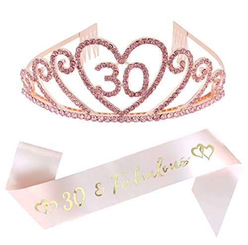 30th Birthday Party Supplies 30th Birthday Tiara and Sash Kit Rhinestone Princess Crown and Glitter Satin Sash for Happy Birthday Party Favors, Decorations Multicolored
