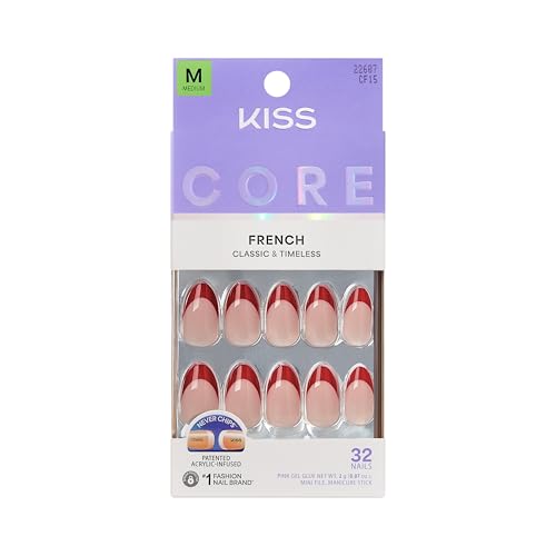 Kiss Core Press On Nails Nail glue included Optimistic Red Medium Size Almond Shape Includes 32 Nails 2g Glue 1 Manicure Stick 1 Mini File