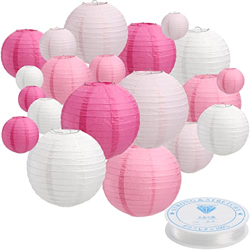 Tosnail Set of 20 Pieces Pink and White Paper Lanterns with 43 Yards Crystal Strings, Chinese Lanterns, Pink Party Decoration, Valentine Decoration, Assorted 4 Colors and 5 Size