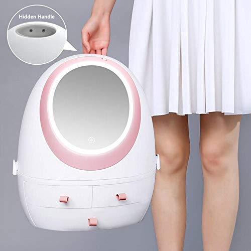 Image of PYU ENJOY SHOPPING Cosmetic Storage Box with Mirror and 360 Rotating Cover, Inside, Outside, White & Pink