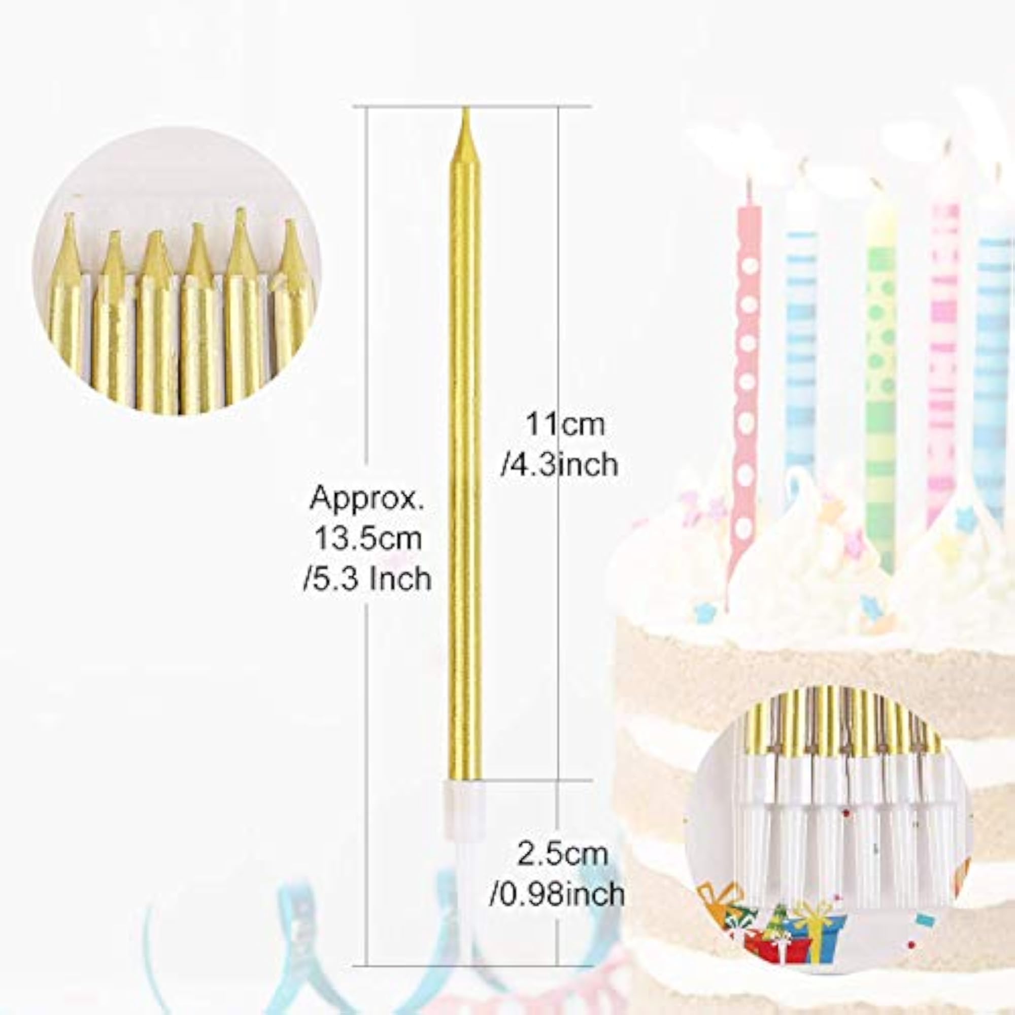 Long Thin Metallic Birthday Cake Candles, Gold