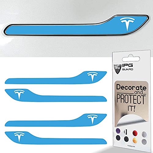 Image of IPG Compatible for Model 3 / Model Y /Juniper Door Handle Decal Sticker Wrap Kit (Set of 4) with Tesla Logo Personalize Your Tesla (Gloss Light Blue)