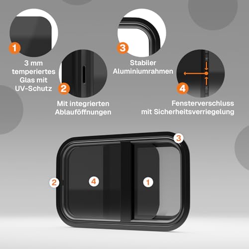 Farosun Wohnwagen Fenster 50x30 cm, E4, Schiebefenster für Wohnmobil und Caravan mit festem Insektenschutz, getöntem Sicherheitsglas, UV-beständig, Seitenfenster für Camper mit Aluminiumrahmen