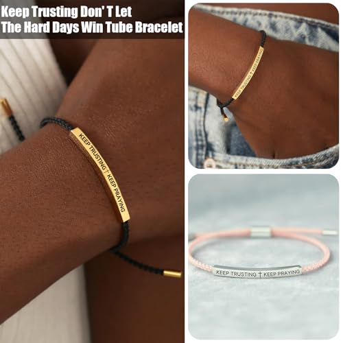 Keep Trusting Don't Let The Hard Days Win Tube Bracelet, Handmade Braided Adjustable Wrap Stainless Steel Inspirational Bracelets Birthday Gifts Jewelry (Black-Rose Gold)2