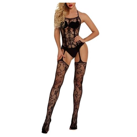 JFAN Conjunto de Ropa Interior de Jacquard para señoras Body de Encaje con Cuello Colgante de Tul sin Tanga-Negro