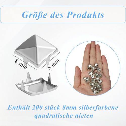 NISENTIA 200 Stück Quadratische Nieten Metall, Studs Pyramiden Nieten Set für Leder Ziernieten DIY Punk Niete Silber für Kleidung Taschen Lederband Schuhe Mäntel Handschuhe (8mm)