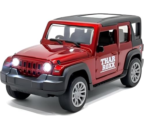 Image of 1:32 Scale DieCast Metal Pull-Back Action Openable Doors 4x4 Thar /Jeep Premium Car Toy with Lights and Music for Kids Realistic Miniature Model Gift 2+yrs Girls Boys (Red Thar /Jeep)