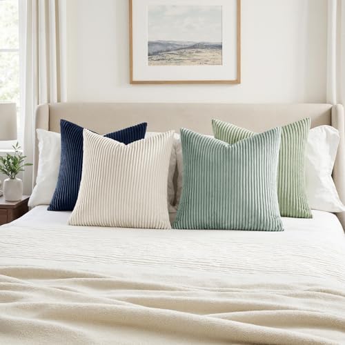 Image of MIULEE Boho Farmhouse Muted Teal Throw Pillow Covers 18x18 Inch Set of 4 Mordern Nordic Cushion Covers Soft Corduroy Spring Home Decor for Couch Bed Sofa Living Room