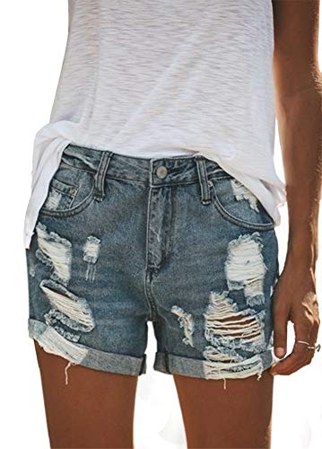 Uni-Wert Women's Jeans Shorts Mid Rise Sexy Stretchy Fabric Hot Pants Distressed Rolled Hem Ripped Denim Jean Shorts Blue