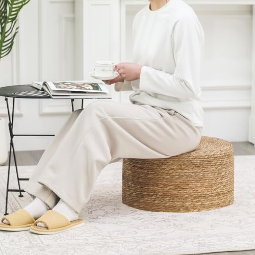 Adeco 20\" Patio Pouf Ottoman, Foot Stool Hand Woven Straw Rattan Indoor Outdoor Footstool, Boho Round Poufs Footrest Floor Chair Decorative Seat for Living Room, Bedroom, Porch(Brown) - Thumbnail 2
