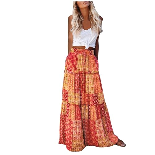 Women Maxi Skirt Beach Boho Casual Festival Summer Full Length Skirts Elastic Waist Floral A-Line Long Dress Cotton Flowy Swing Ruched Ruffled Tiered Maxi Dresses Vintage Bohemian Long Skirts UK