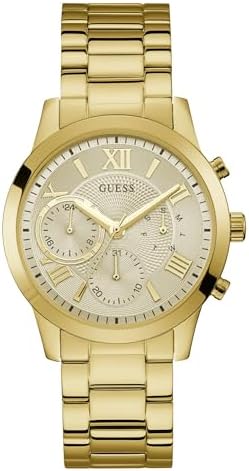 GUESS Classic Gold-Tone Stainless Steel Bracelet Watch with Day, Date + 24 Hour Military/Int'l Time. Color: Gold-Tone (Model: U1070L2)