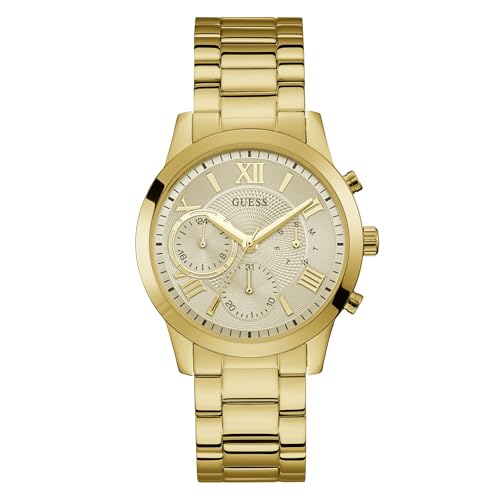 GUESS Classic Gold-Tone Stainless Steel Bracelet Watch with Day, Date + 24 Hour Military/Int'l Time. Color: Gold-Tone (Model: U1070L2)