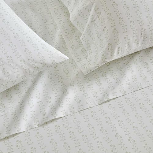 Image of Martha Stewart - King Size Sheets Set, Crisp & Tailored Cooling Sheets w /a Naturally Smooth Cotton Percale Lightweight Feel - Bed Sheets with Matching Pillowcases & Fitted Sheet (Ditsy Vine Green)