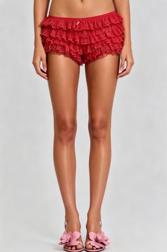 Image of Yiulangde Women Lace Bloomers Layered Ruffle Mini Shorts Y2k Pettipants | Shorts Women,Lolita Ruffled Bloomer Shorts for Under Skirts,Fluffy Booty Shorts,Rave Boy Short Panties,Going out Bottoms