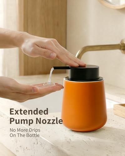 Image of BosilunLife Hand Soap Dispenser - Ceramic Dish Soap Dispenser for Bathroom 12ounce Refillable Liquid Hand Wash Dispenser for Essential Oil, Lotion Soap, Orange