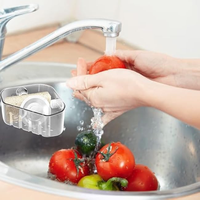 Suction Cup Sink Corner Holder, 2025 Upgrade Suction Cup Storage Rack, Strainer Basket Sponge Rack, Triangular Sinks Basket Shelf with Drain Hole for Bathroom & Kitchen(With Bath Puff) (Gray+Clear)