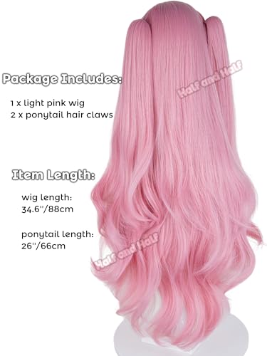 Image of Half and Half Pink Curly Anime Ponytail Wig Long Light Pink Twin Tail Wigs Cute Lolita Costume Wigs for Women Halloween Party Daily