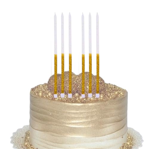 Image of Wanna Party 6 PCS White Gold Glitter Birthday Candles, Tall Glitter Cuppcake Long Thin Cake in Holders for Birthday Wedding Party Decorations