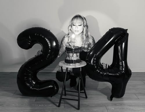 Image of Number Balloons 24 Balloon Black for 24 42 Birthday Party Decoration, 40 in | Saturated Color, Large 40 inch, With Inflation Straw & Hanging Holes, Great for Men's Birthday, Gothic Theme Party, Halloween