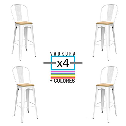 Vaukura Taburete Tolix con Respaldo Alto (Pack 4) - Taburete Industrial Metálico Brillo (Blanco)