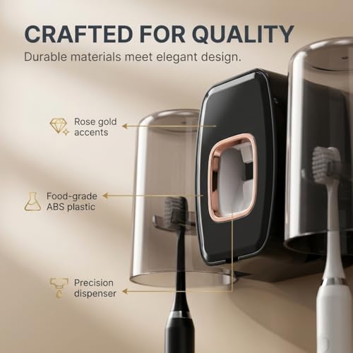 Image of COMFYHOME Tooth Brush Holder Bathroom, Automatic Toothpaste Dispenser, Self Adhesive Brush Stand for Bathroom Wall, Toothbrush Organizer with 2 Mouthwash Cups, 4 Slots Wall Mount Toothbrush Holders