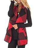 InStylish Women's Color Block Lapel Open Front Sleeveless Plaid Vest Cardigan with Pockets,Z-black and Red, Large Z-black and Red Large