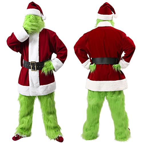 Dgdgcool Green Monster Costume Adult, Christmas Deluxe Furry 9Pcs Halloween Green Big Monster Santa Claus Costume For Men #TOP4