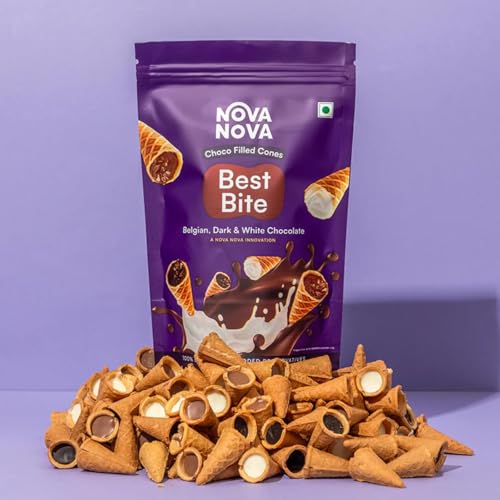 Image of Nova Nova | Best Bites Choco Filled Cones | Classic Chocolate Flavours (Belgian, White & Dark Chocolate) - All in one pack (100g) | 100% Eggless