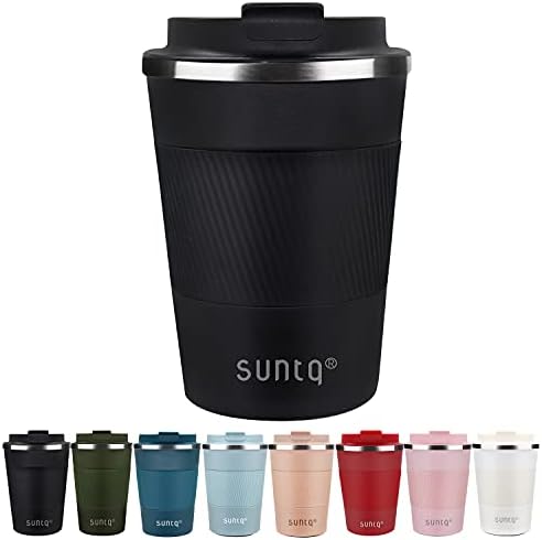 (-20%) SUNTQ Kaffeebecher to go Thermo aus Edelstahl - Thermobecher mit Gummierte Manschette Doppelwand Isoliert - Kaffeetasse mit Auslaufsicherem Deckel Wiederverwendbar, Schwarz 380ml
