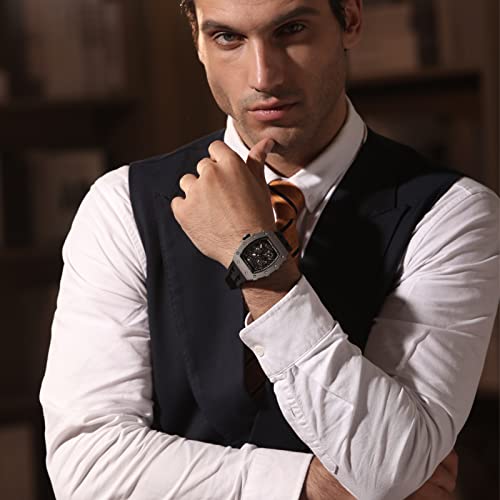 Image of TSAR BOMBA Men's Automatic Watch Tonneau Luxury Skeleton Watches for Men Mechanical 50M Waterproof Analogue Watches Mens Unique Cool Square Big Face Dial Wristwatch with Silicone Strap Band