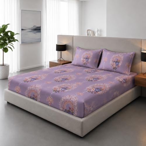 Image of Cotton Feel Glace Cotton Elastic Fitted Bedsheet Queen Size || Includes 1 Double Bed Elastic Bedsheet Queen Size with 2 Pillow Covers (60 inch x 78 inch Inches, LilacPearls)