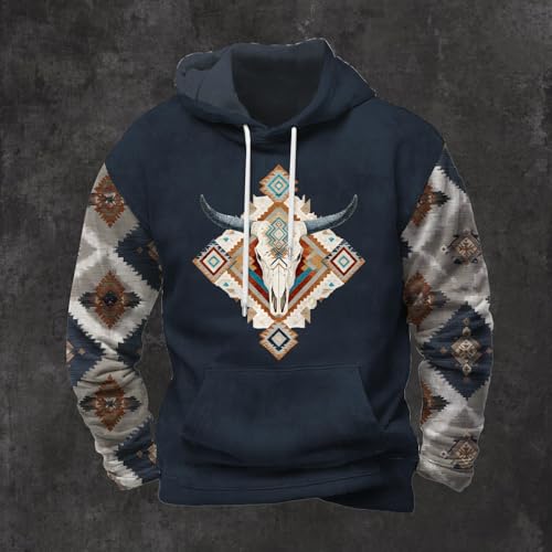 Mens Cowboy Hoodies Western Hooded Sweatshirts Casual Aztec Tribal Graphic Drawstring Pullover Hoodie with Pocket2