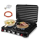 Camping Gas Portatil de 4 Quemadores 8800W - Hornillo de Gas Butano Plegable con Protector contra Viento, Encendido Instantáneo, Acero Inoxidable - Ideal para Senderismo, Picnic y Acampada