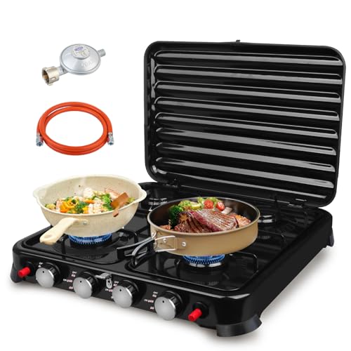 Camping Gas Portatil de 4 Quemadores 8800W - Hornillo de Gas Butano Plegable con Protector contra Viento, Encendido Instantáneo, Acero Inoxidable - Ideal para Senderismo, Picnic y Acampada