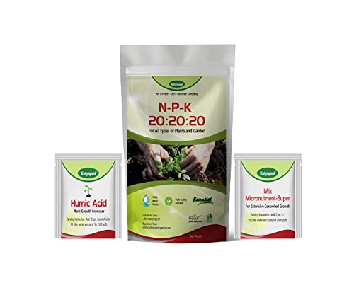 Katyayani NPK 20 20 20 Fertilizer for Plants with 2 Sample – Mix micronutrients and Organic Humic Acid Complete Plant Food 100% Water Soluble (900 GM)