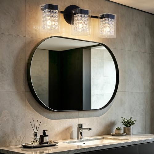 Image of Modern Crystal Vanity Lights, 3-Light Black Bathroom Light Fixtures with Clear Shades, Bathroom Lighting Fixtures Over Mirror Wall Light for Hallway, Decoration,Bedroom(Exclude Bulb)