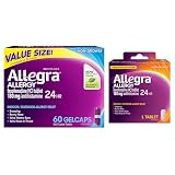 Allegra Adult 24-Hour Allergy Relief Gelcaps, Non-Drowsy Indoor and Outdoor Allergy Medicine, 180 mg Fexofenadine HCI Antihistamine Pill, 60 Count Plus 1 Count Travel Pack