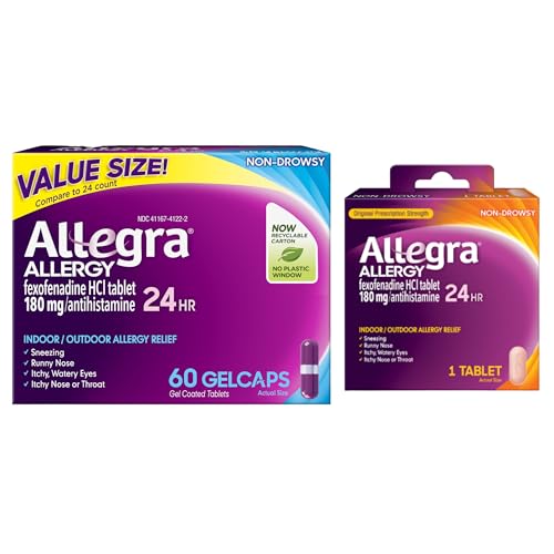 Allegra Adult 24-Hour Allergy Relief Gelcaps Non-Drowsy Indoor and Outdoor Allergy Medicine 180 mg Fexofenadine HCI Antihistamine Pill 60 Count Plus 1 Count Travel Pack