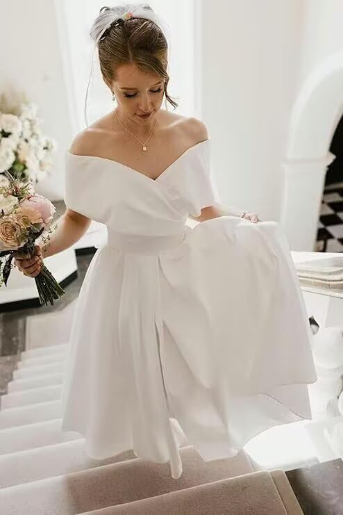 Off Shoulder Wedding Dresses for Bride Satin A-Line Evening Formal Party Prom Bridal Shower Dress2