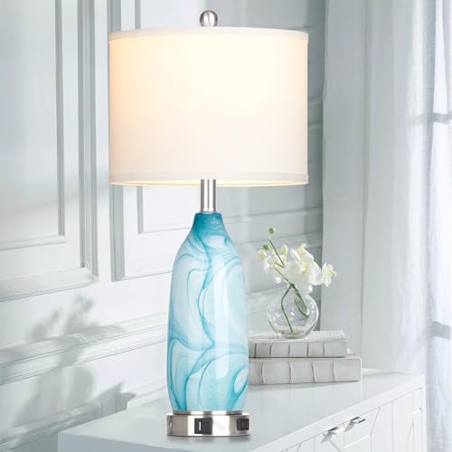 26" Coastal Table Lamps Set of 2, Modern Table Lamps with USB A+C Ports & AC Outlet, Touch Control Glass Bedside Nightstand Lamp with Night Light for Living Room Bedroom End Table Blue(Bulbs Included) - Image 2