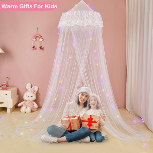 Unicorn Castle Bed Canopy for Girls Princess Canopy Bed Curtains Room Decor Dome Bed Net Canopy with Timed Light Bedroom Decor, White