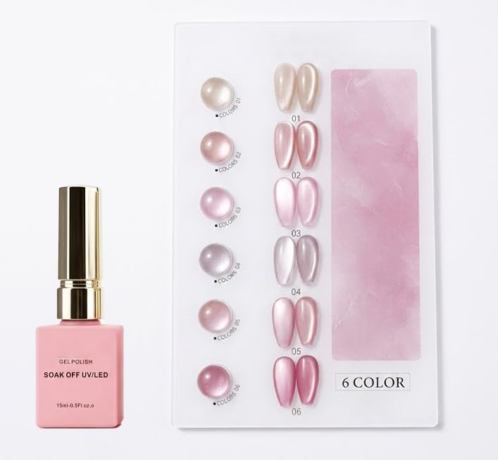 Image of Set of 6 Professional Cat Eye Gel Polish | Magnetic Nail Art Gel Polish | UV /LED Soak-Off | Long-Lasting | Shiny Cat-Eye Effect (15 ML) (Pink Shade)