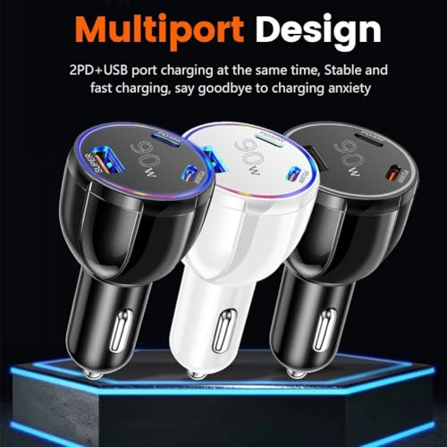 Fast 90W Car Charger with 3 Ports Including USB for QC3.0 and 2 PD 30W Ports Suitable for Smartphones and Tablets (Black) - Image 3