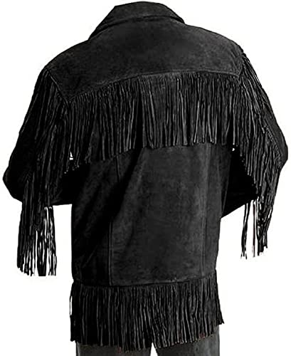 Suede Leather Jacket for Men's Western Cowboy Native American Black Fringe Beaded Coat Outerwear2