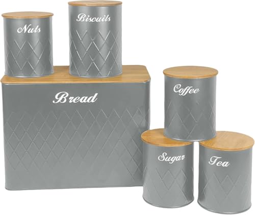 SG Traders 6-Piece Kitchen Storage Ensemble with Airtight Bamboo Lids - Tea, Coffee, Sugar, Nuts, Biscuit Canister & Stylish Bread Bin - Diamond Embossed Design in Grey