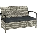 Outsunny 125L Garden Storage Bench, 2 Seater PE Rattan Outdoor Bench Storage Box with Padded Cushion, Outdoor Loveseat with Storage and Metal Frame for Patio Garden Balcony, Dark Grey