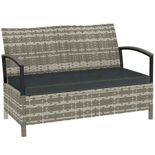 Outsunny Gartenbank mit Stauraum 2-Sitzer Sitzbank mit Kissen Haltegriffen 125L Aufbewahrungsbank Aufbewahrungsbox Bank für Flur Schlafzimmer Wohnzimmer Poly Rattan 123 x 70 x 82 cm Dunkelgrau