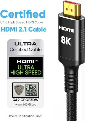 Snowkids 8K Certified HDMI 2.1 Cable 10 ft, Non-Slip Nylon Braided, 48Gbps Ultra High-Speed HDMI Cables Cord, 10K 8K@60Hz, 4K@120Hz Compatible for TV/PS-5/X-box/Projector/Sound System & More - 2