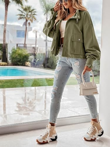 Tankaneo Womens Cropped Bomber Jacket Long Sleeve Zip Up Casual Coats Loose Fit Outerwear with Pockets4